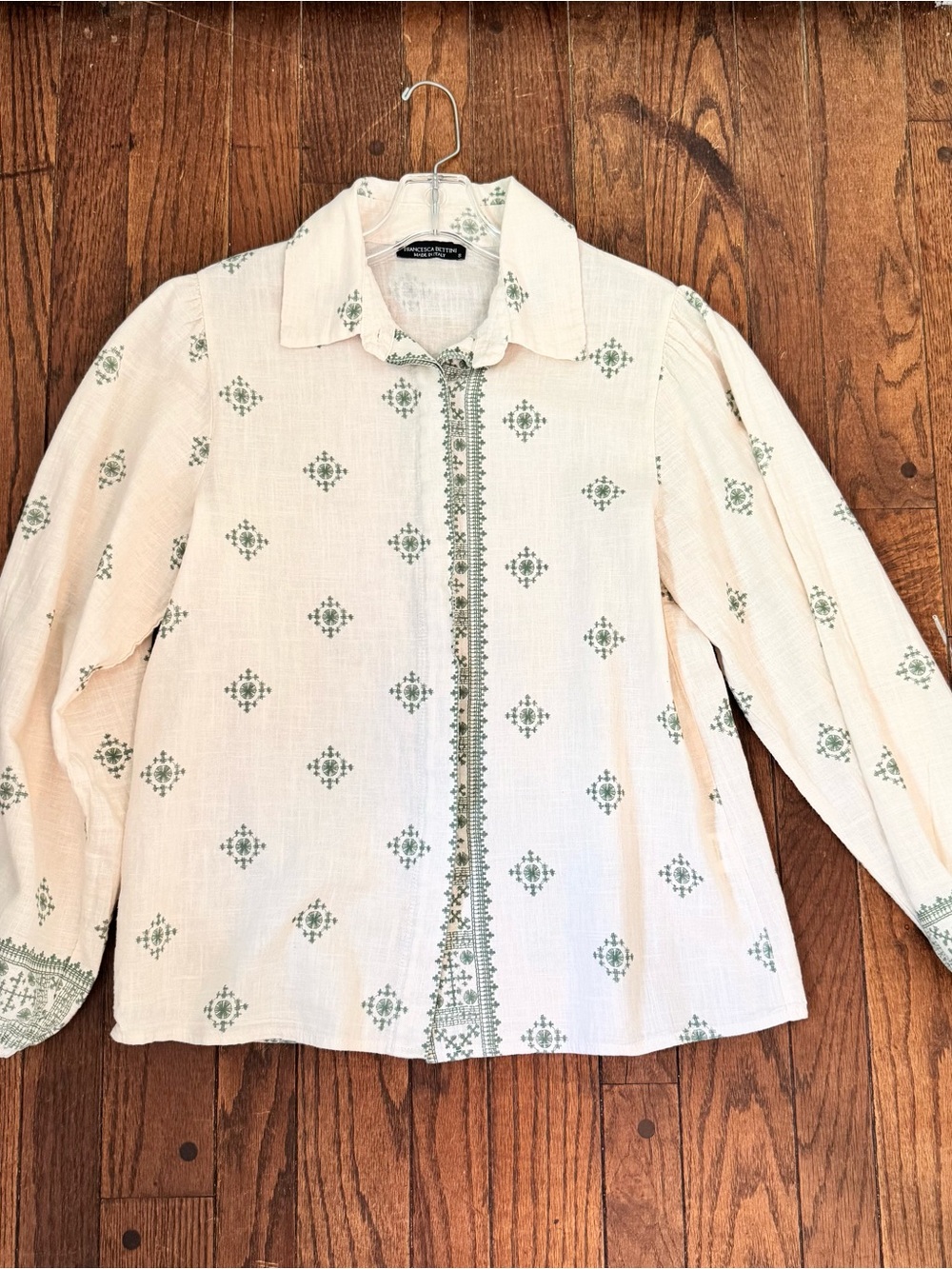Francesca Bettini Linen/Cotton Cream Long Sleeved Boho Summer Button-up Blouse